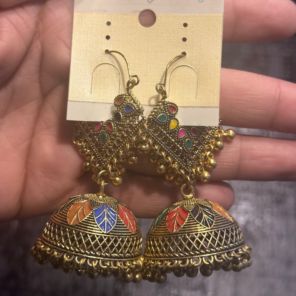 Colorful Gold-Tone Jhumke Earrings